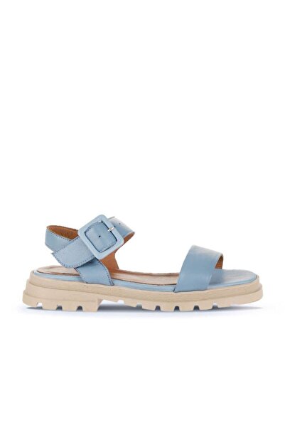 Bueno Shoes Μπλε δερμάτινα γυναικεία φλατ σανδάλια 01wy5500