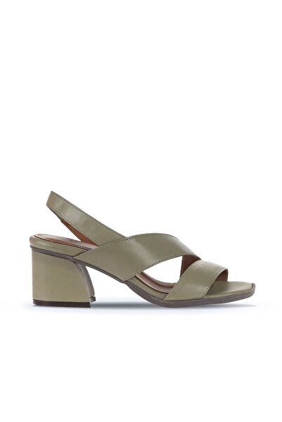 Bueno Shoes Χακί Δερμάτινα Γυναικεία Σανδάλια με Τακούνι 01wa3502