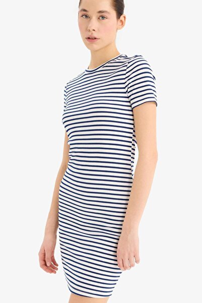 DeFacto Coool Bodycon Rochie mini cu mânecă scurtă, cu guler rotund dungi material reiat tricotaj cu striații (25 SP)