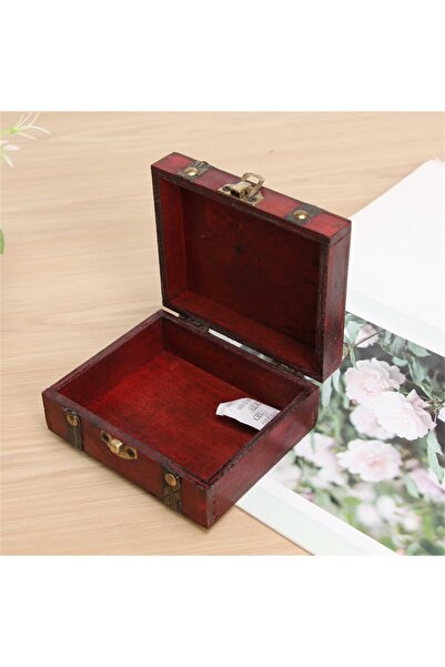 Generic Red Vintage Wooden Storage Box Jewelry Organizer Antique Handmade Treasure Chest for Keepsakes
