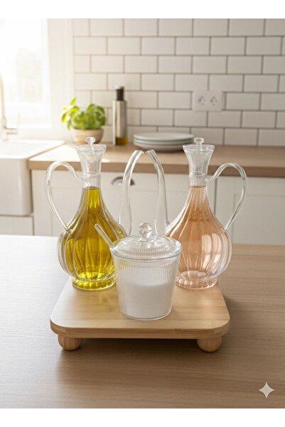 morponi طقم وعاء زيت ووعاء ملح زجاجي – تصميم أنيق مع قاعدة من الخيزران، طقم من 3 قطع بتصميم مخطط من جلوري