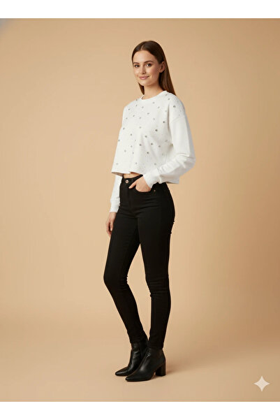 cemo Women Long Sleeve Short Sweater Rhinestone Detailed Crop Top Clothing