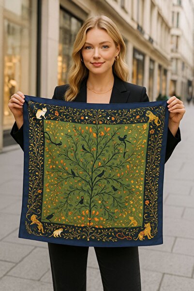 Axesoire 14924 Kuş Desenli Yeşil Bandana Fular 90x90 cm
