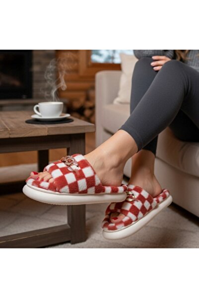OEM Women's fluffy and relaxing open-toe slippers, checkered pattern, H15