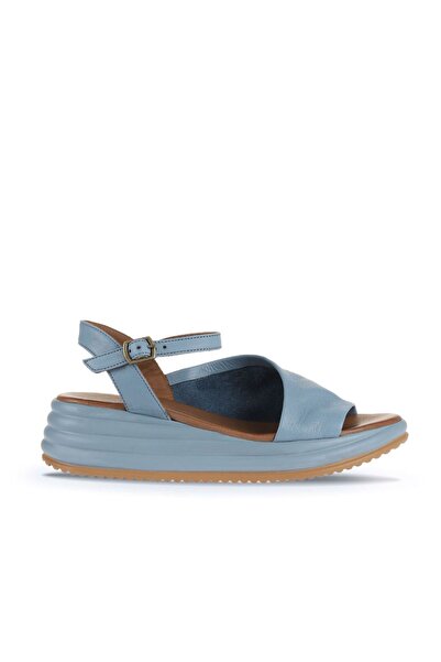 Bueno Shoes Μπλε δερμάτινα γυναικεία πέδιλα με τακούνι 01wa2402