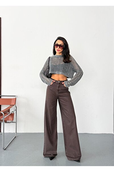 Zeo Basic Women's Brown Denim Fabric Baggy Jean High Waist Wide Leg Jeans