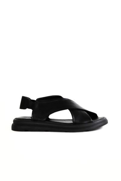 Bueno Shoes Μαύρα δερμάτινα γυναικεία φλατ σανδάλια 01wa2603