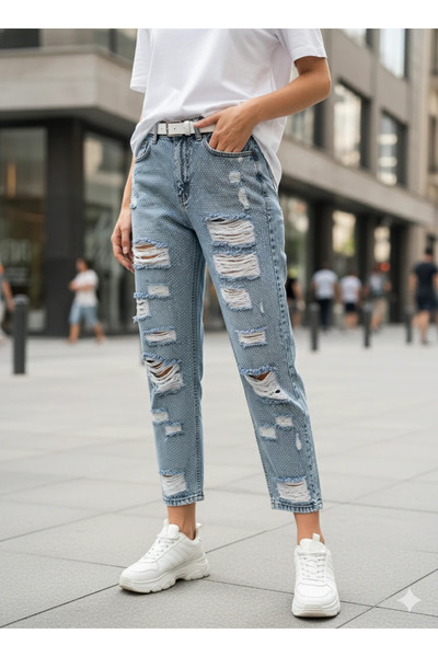 cemo Kadın Yırtık Kot Pantolon Payetli Figür Detaylı Yüksek Bel Bol Kesim Mickey Mouse Desenli Jean