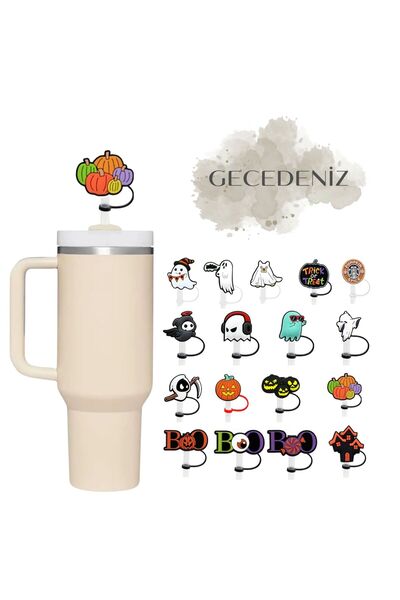 GECEDENİZ Termos Uyumlu Pipet Tıpası Renkli Balkabakları Halloween