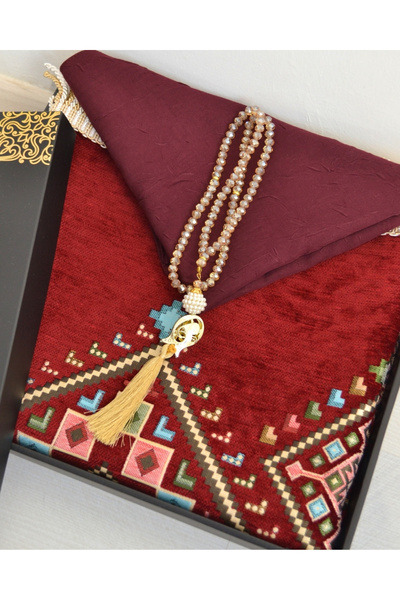 Bilenler Подарък комплект молитвен килим, шал и броеница – молитвен килим с п...