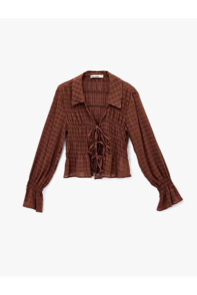 Koton Long Balloon Sleeve Shirt with Bow Tie Detail and Plaid Blouse with Shirt Collar