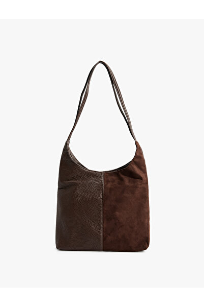 Koton Suede Look Hobo Bag with Faux Leather Detail