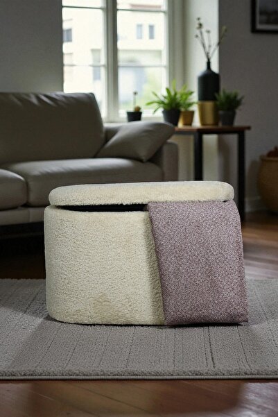 woody maison Oval Sandıklı – Yumuşacık Doku Teddy Kumaş Makyaj Masa Pufu Bench
