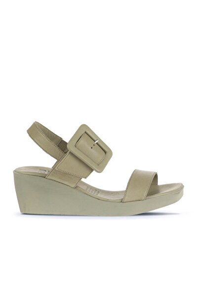 Bueno Shoes Χακί Δερμάτινα Γυναικεία Σανδάλια με Τακούνι 01wa0400