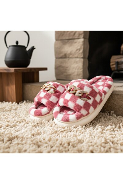 OEM Women's fluffy and relaxing open-toe slippers, checkered pattern, H15