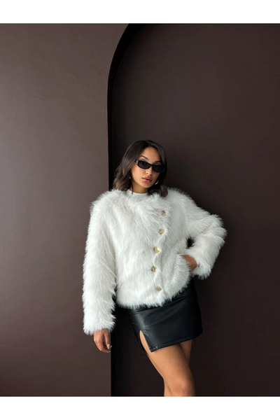 cemo Women's Vintage Plush Furry Crop Jacket Gold Buttoned Crew Neck Winter Stylish Coat