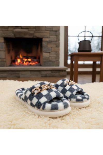 OEM Women's fluffy and relaxing open-toe slippers, checkered pattern, H15