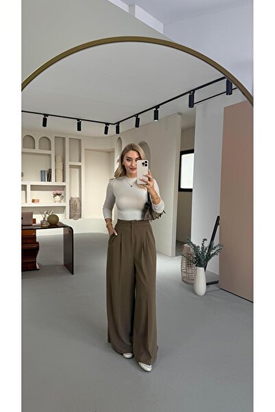 Sezgi Tekin Özel Seri Çift Piliseli Haki Palazzo Pantolon