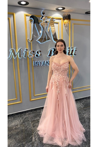 MissBetül Straplez Çiçek Desen Tül Abiye Nişan Elbisesi