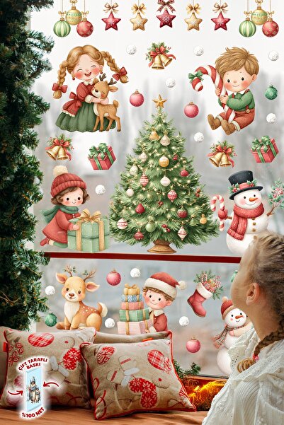 MSticker Christmas Themed Children's Room Glass Sticker Set – Pine Tree, Snowman, Gift Christmas Figures 44 Pieces