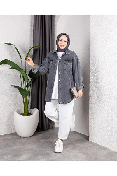 Hb Harma Time Butik Women's Washable Pocket Denim Dark Gray Jacket