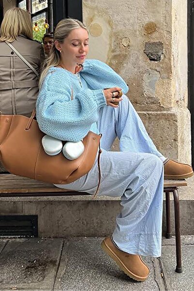 Madmext Pulover confortabil pentru femei, cu mâneci balon, albastru bebeluș, croială MG2602