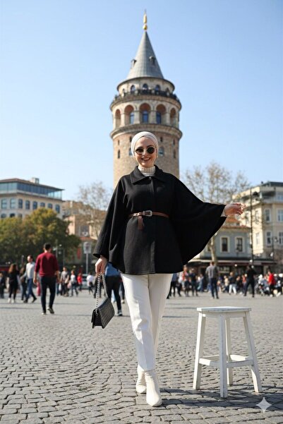 YILMAZBARMAZ Women's Shirt Collar Belted Cashmere Poncho