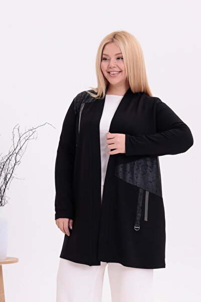 Siyezen Plus Size Leather Detailed Cardigan with Accessories