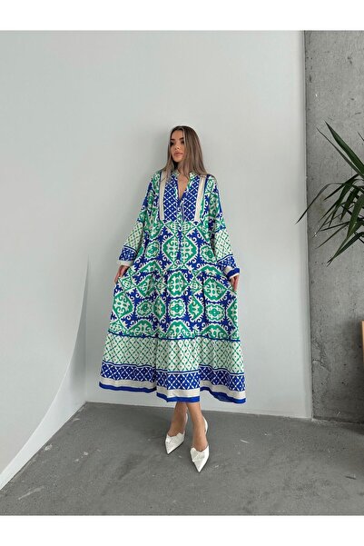 SEDA FİDAN BOUTIQUE Multi-Colored Casual Viscose Dress with Buttoned Collar Blue