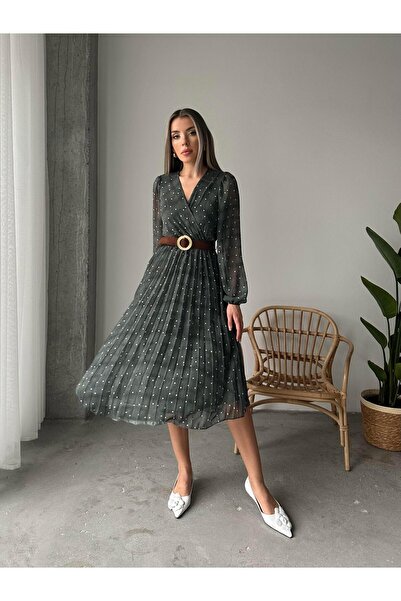 SEDA FİDAN BOUTIQUE Pileli Puantiyeli Şifon Elbise Yeşil