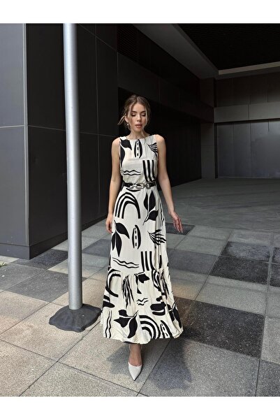 SEDA FİDAN BOUTIQUE Belted Flounce Patterned Viscose Dress Black