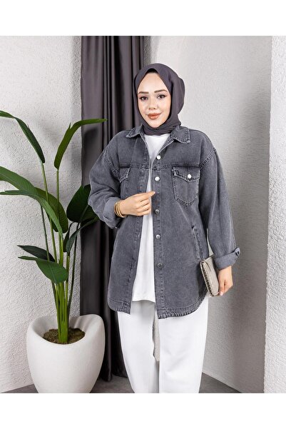 Hb Harma Time Butik Women's Washable Pocket Denim Dark Gray Jacket