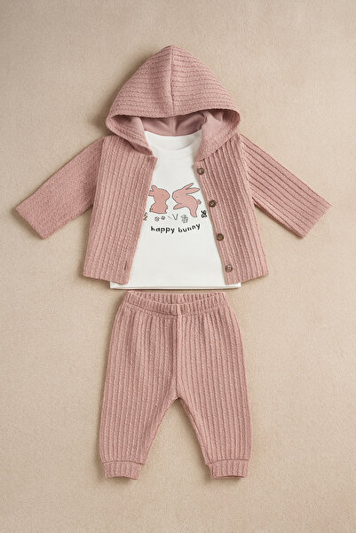 Uğur bebe 100% Cotton Hooded Cardigan Sweatshirt and Single Bottom 3-Piece Baby Set |   Soft Textured, Baby Girl Set