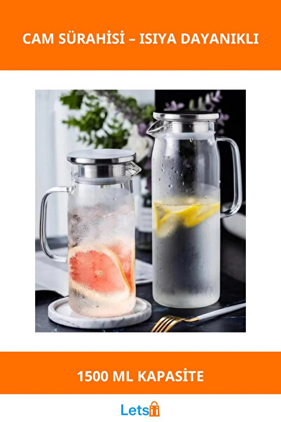 Letsii 1500 ml Isıya Dayanıklı Borosilikat Cam Su Sürahisi Metal Kapaklı