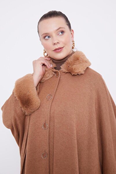 Levidor Camel Ürk Detailed Cashmere Poncho