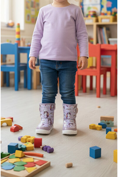 Hızlı Al Unicorn Patterned Girls' & Baby Boots. Fur Inside Girls' Boots. Unicorn Pattern