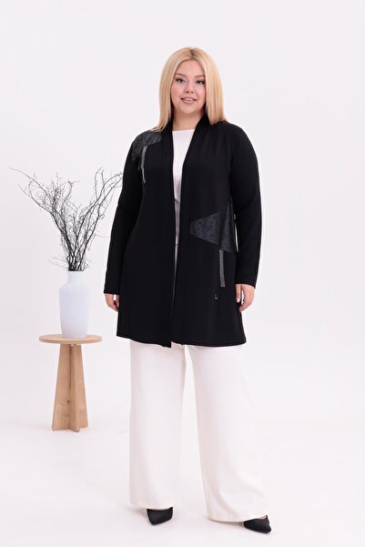 Siyezen Plus Size Leather Detailed Cardigan with Accessories