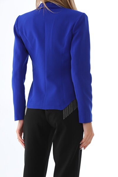 Papillon Tekstil Saks Mavisi Kruvaze Crop Blazer Ceket Zincir Detaylı Tek Düğmeli