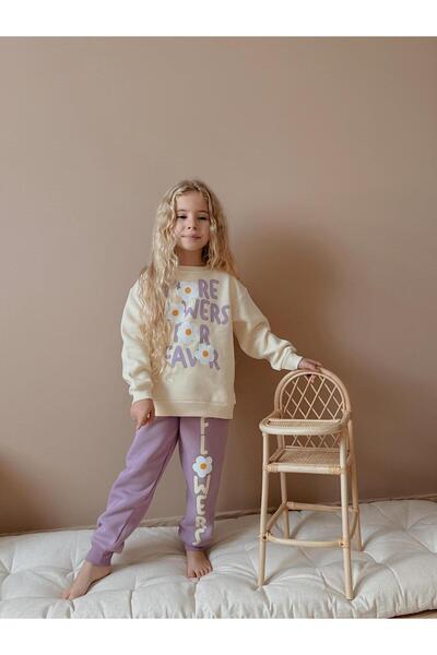 MİLAYS LİFE HOME COLLECTİON Κοριτσίστικο σετ χειμερινής φόρμας 3 κλωστών 100% βαμβακερό χοντρό βαμβακερό χρωματιστό