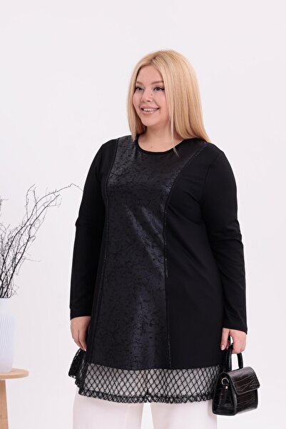 Siyezen Plus Size Leather Detailed Tunic Blouse