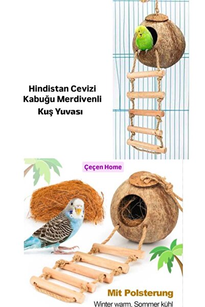 ÇEÇEN HOME Merdivenli Hindistan Cevizi Kabuğu Kuş Yuvası Merdivenli Kuş Evi K...