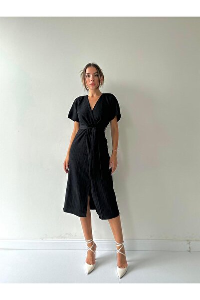 SEDA FİDAN BOUTIQUE Lorenzo Double-breasted Collar Belted Dress Black