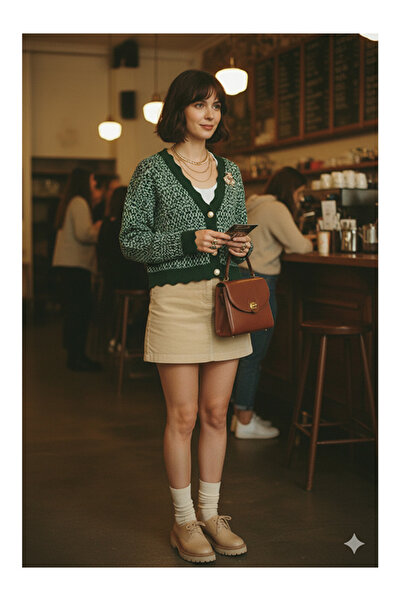 Namaste Vintage Dark Green Patterned V-Neck Stylish Buttoned Vintage Model Cardigan