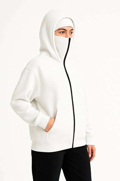 Ghetto Giyim Women's Samurai Ninja Double Hooded Zip Zippered Kangaroo Pocket Hoodie Mask Detailed Sweatshirt - White