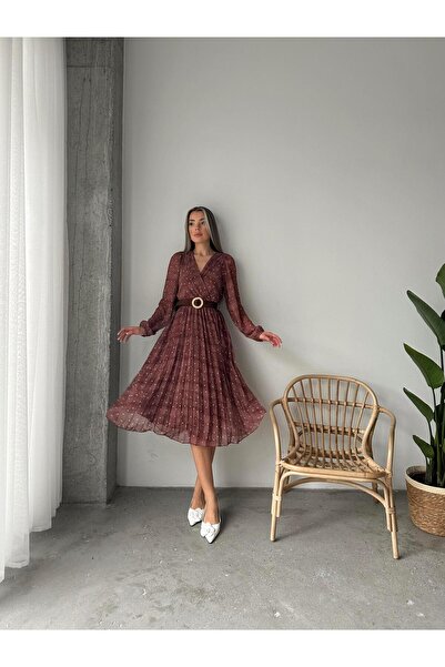 SEDA FİDAN BOUTIQUE Pileli Puantiyeli Şifon Elbise Kahverengi