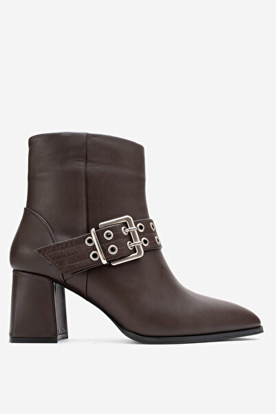 Dericlub Women's Buckled High Heel Boots Real Leather Rc 319 Brown