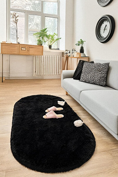 Santiva Home Siyah Oval Post Halı Peluş Yumuşak Kaymaz Dot Taban Makinada Yık...