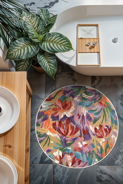 elturcohomecollection Renkli Çiçek Desenli Yuvarlak Dijital Baskı Kaymaz Siya...