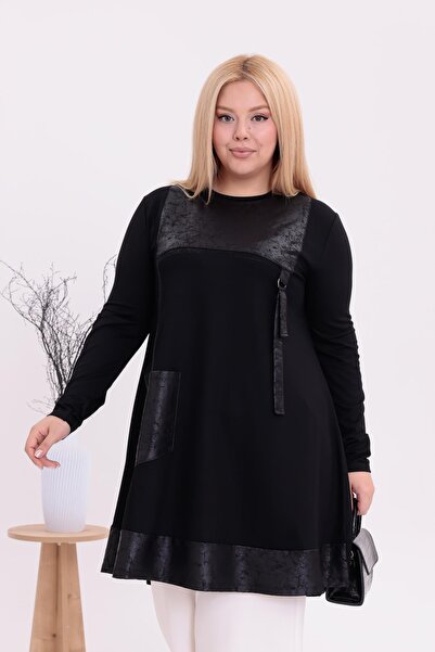 Siyezen Plus Size Leather Detailed Flared Tunic Blouse