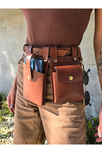 Atelier Nui Hakiki Deri Tatlı Kahve Cep Telefonu Bel Çantası ve Bel Kemeri